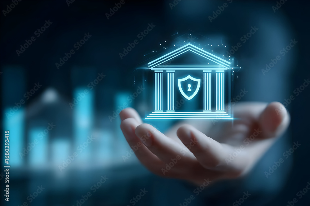 Poster a digital representation of a bank secured with a shield, highlighting the importance of security in