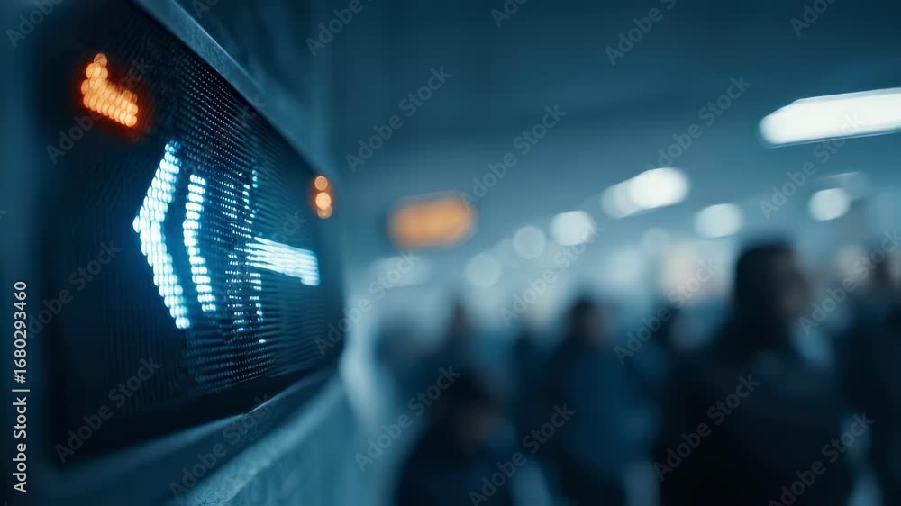 Poster focused medium shot on a sleek digital exit sign displaying adaptive arrow flow responding instantly