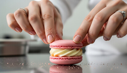 A pastry chef's hands assemble a delicate, perfect pink macaron, sandwiching a swirl of creamy white filling between the two almond meringue shells.