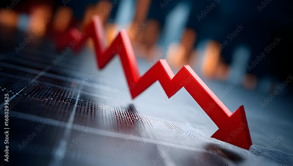 Poster a dynamic image featuring a red downward arrow overlaying a digital graph, indicating a decline in m