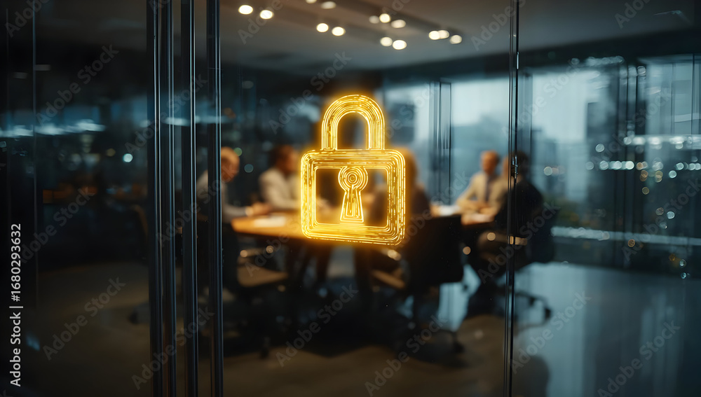 Poster a dynamic office meeting with a visual representation of security, illustrating the importance of da