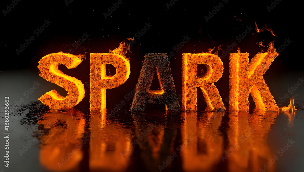 Poster a dynamic representation of the word 'spark' crafted from realistic flames, symbolizing creativity a