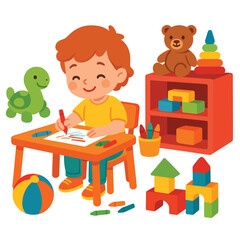 Naklejka premium Happy child drawing on paper at desk, pastel flat cartoon design