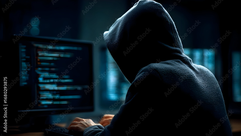 Poster a figure in a hooded sweatshirt is focused on coding on a computer, immersed in the world of program