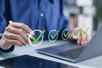 Checklist concept, Survey form, online quality assessment, and filling out digital form checklist....
