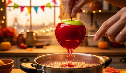 A close-up of a person making a shiny red candy apple at a fair, dipping a green apple into a pot of hot, bubbling candy, a classic, festive treat.
