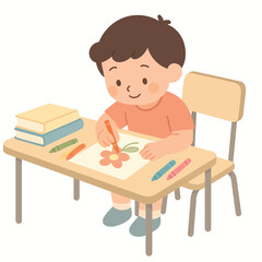 Naklejka premium Indoor scene of child drawing at mini table, pastel 2D cartoon vector