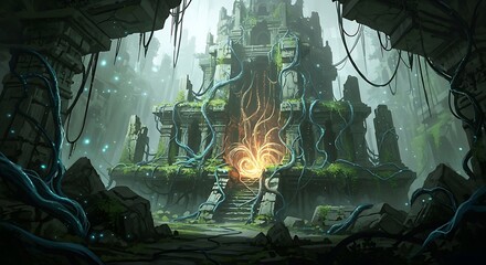 Mysterious Ancient Ruins in a Dark Cave.