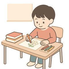 Obraz premium Girl focused on drawing at tiny desk, cute flat pastel cartoon vector