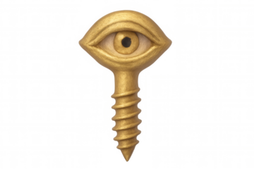 Golden screw with an eye observing from a transparent background, embodying themes of surveillance, mystery, and creativity