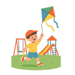 Naklejka premium Child flying colorful kite in playground, 2D flat vector illustration
