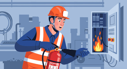 Industrial worker in safety gear holding a fire extinguisher, ready to address an electrical panel fire in a factory