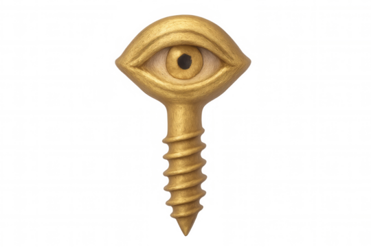 Golden screw with an eye observing from a transparent background, embodying themes of surveillance, mystery, and creativity