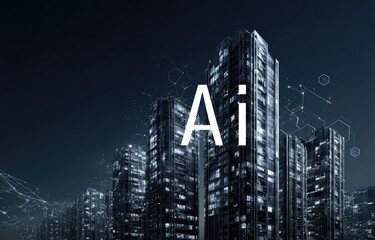 Futuristic cityscape at night, with the word "AI" prominently displayed.  Modern high-rise buildings, lit windows, 