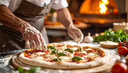Chef preparing a pizza in a professional kitchen