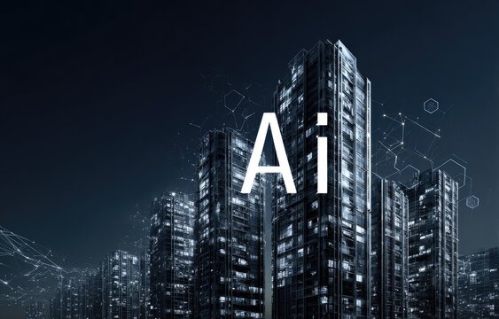 Futuristic cityscape at night, with the word "AI" prominently displayed.  Modern high-rise buildings, lit windows, 
