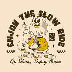 Smiling character riding turtle with positive slow life message