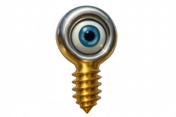 Gold and silver eyebolt featuring a blue eye, watching intently against a transparent background, symbolizes vigilance and surveillance
