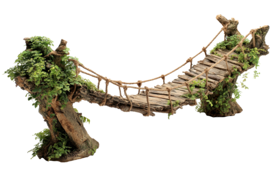 Rustic Tree Footbridge with Vines on Transparent Background