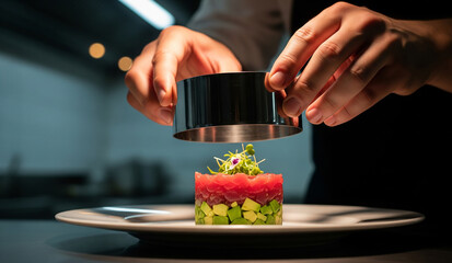 A close-up of a chef in a black uniform using a ring mold to artfully plate a colorful tartare dish made with tuna, avocado, and other fresh ingredients.