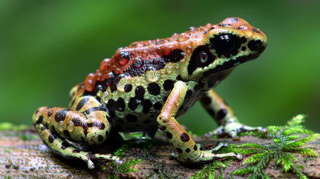 Vibrant close-up of a small amphibian. A patterned frog with black, red, and yellow markings rests on a mossy branch, glistening with water in its lush habitat