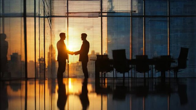 Sunrise Deal: Two business figures seals a deal in a corporate environment, illuminated by a golden sunrise, reflecting the dawn of a new partnership and the promise of a prosperous future.