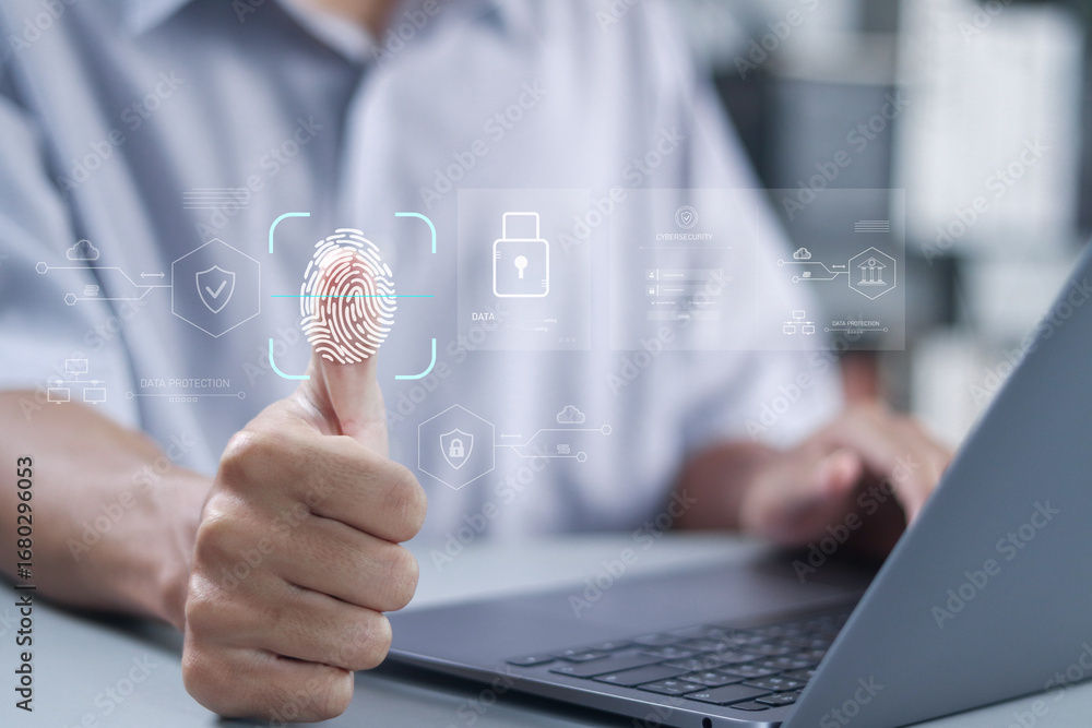 Poster businessman scans virtual fingerprint for anti-hacking technology security system. fingerprint scan 