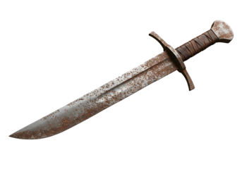 A long, rusty sword with a leather-wrapped hilt is presented against a dark background.