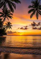 Obraz premium Romantic tropical island sunset with palm silhouettes, crystal clear waters reflecting.