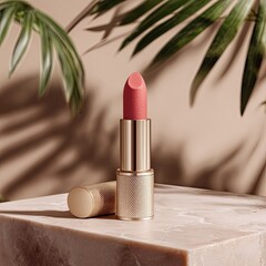 Pink lipstick on a light beige stone surface, with tropical leaves in the background