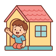 Naklejka premium Kid waving from playhouse door, colorful flat vector illustration