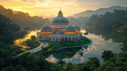 Serene island resort at dawn.  Tranquil reflection on the lake