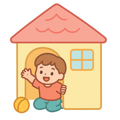 Naklejka premium Child sitting inside playhouse window, cute pastel cartoon vector