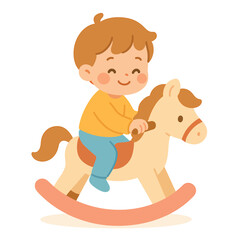 Naklejka premium Child riding rocking horse toy, flat 2D cartoon vector illustration