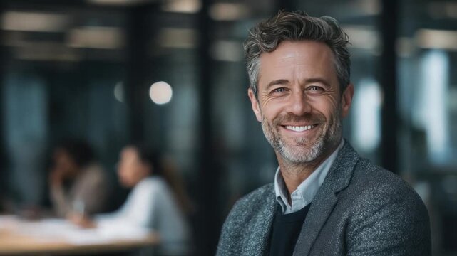 Confident Executive in Business Setting: A sharp dressed executive smiles confidently in a modern office, emanating a sense of assurance and capability, ready to embrace the opportunities ahead. 