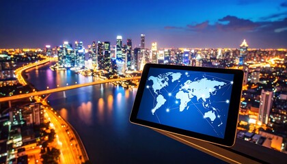 Tablet displaying world map over a vibrant city skyline at night