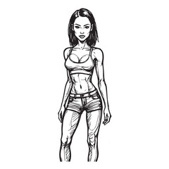 Beautiful Woman Doodle Black and White Illustration Fashion Girl Portrait Line Art Sketch Vector