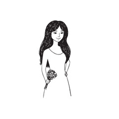 Beautiful Woman Doodle Black and White Illustration Fashion Girl Portrait Line Art Sketch Vector