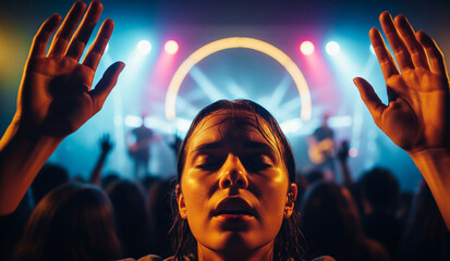 A person in a massive concert crowd looks up in awe, their face illuminated by vibrant stage lights, with hands raised in a moment of pure musical ecstasy.