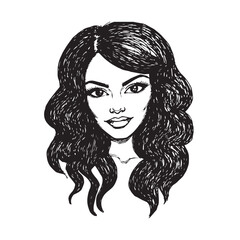 Beautiful Woman Doodle Black and White Illustration Fashion Girl Portrait Line Art Sketch Vector