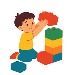 Naklejka premium Child playing with oversized lego bricks, flat cartoon vector