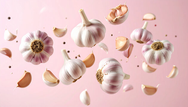 Vibrant spices and purple-hued garlic cloves and pieces floating on a pink background