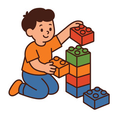 Naklejka premium Happy child building lego tower, pastel 2D vector illustration