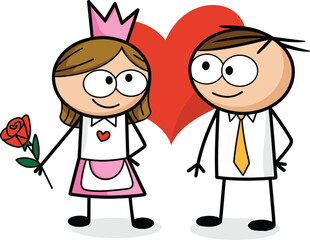 Cartoon illustration of cute stick figure couple in love, girl with crown holding rose, romantic relationship concept with big heart.