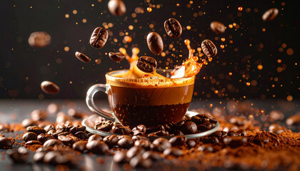 A vibrant splash of coffee with floating coffee beans on a dark background