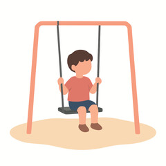 Naklejka premium Boy holding ropes while playing on swing, flat 2D vector illustration