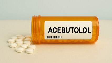 Box of ACEBUTOLOL tablets on a hospital pharmacy table used to treat high blood pressure and angina...