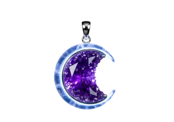 A crescent-shaped amethyst pendant glows with an ethereal, light-blue aura against a stark black backdrop.