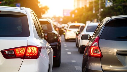 City street traffic jam at sunset