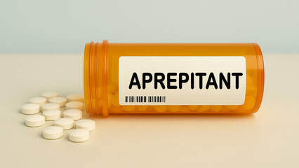 Box of APREPITANT tablets on a hospital pharmacy table used to prevent chemotherapy induced nausea...